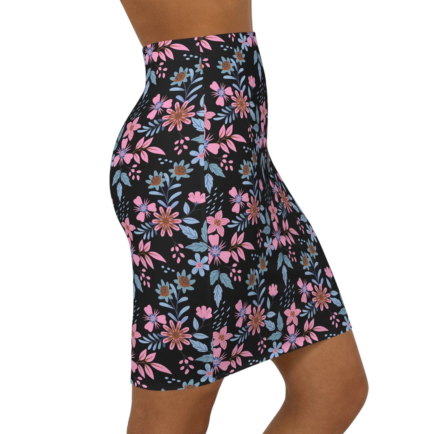 Women's Mid-Waist Pencil Skirt - Floral - Black