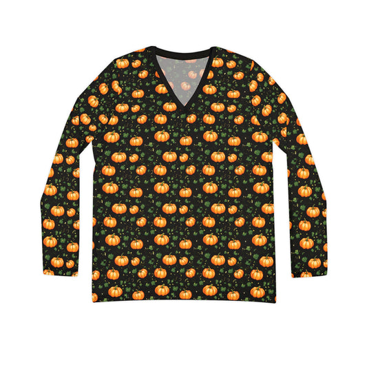 Women's Long Sleeve V-neck Shirt Fall Pumpkin with Vines