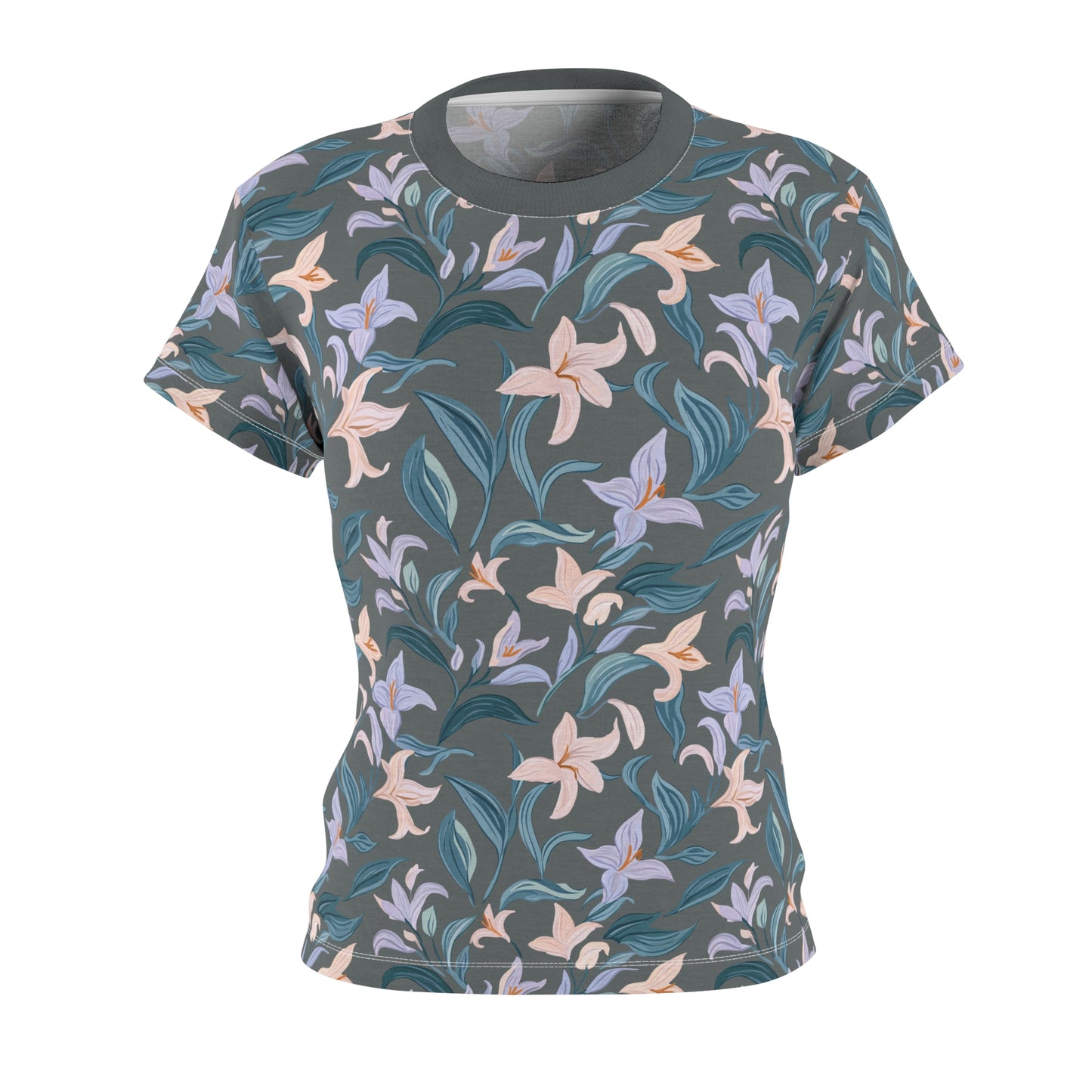 Women's Cut & Sew Tee - Flower Bloom Print - Grey