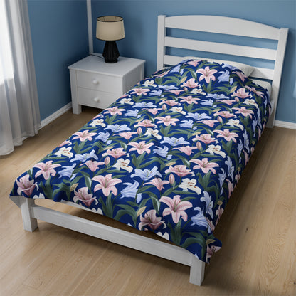 Velveteen Plush Blanket - Flower Floret - Blue