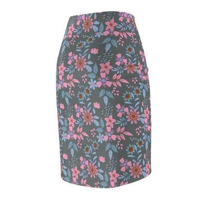 Women's Pencil Skirt - Floral - Grey