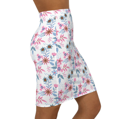 Women's Mid-Waist Pencil Skirt - Floral - White