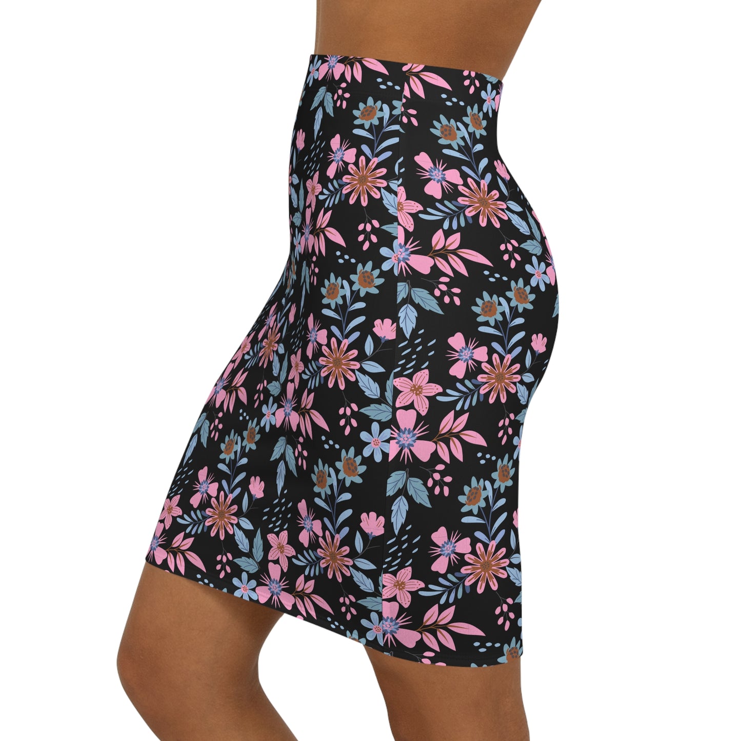 Women's Mid-Waist Pencil Skirt - Floral - Black