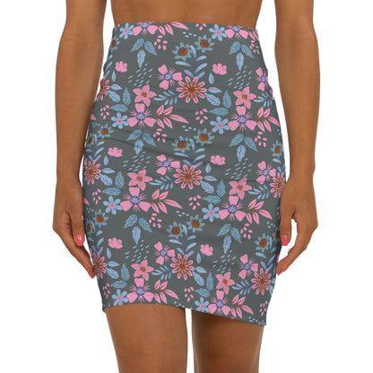 Women's Mid-Waist Pencil Skirt - Floral - Grey