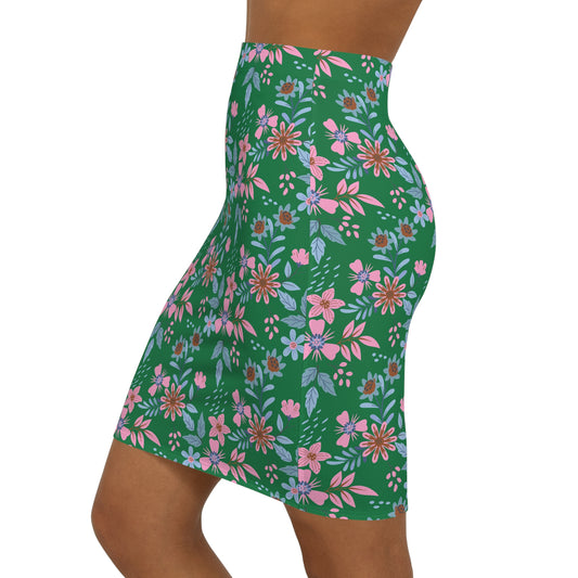 Women's Mid-Waist Pencil Skirt - Floral - Green