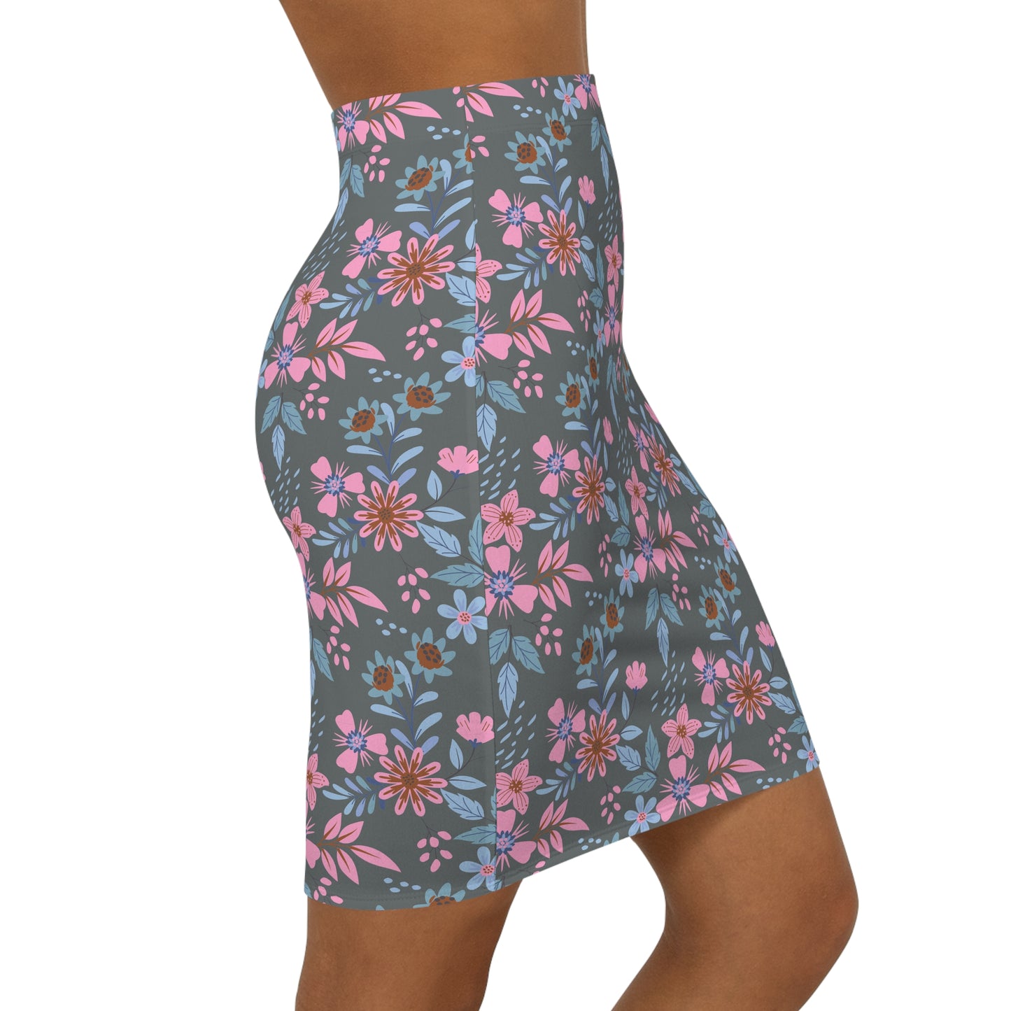 Women's Mid-Waist Pencil Skirt - Floral - Grey