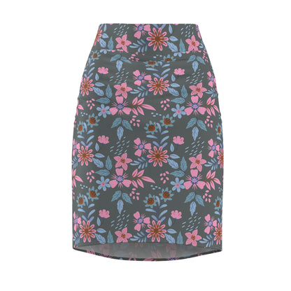 Women's Pencil Skirt - Floral - Grey