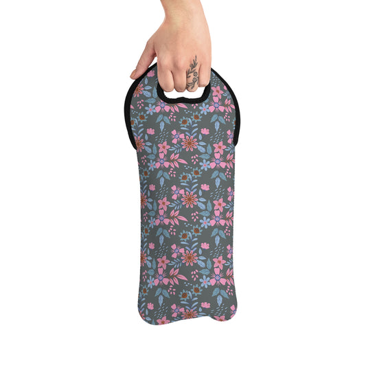 Wine Tote Bag - Floral - Grey