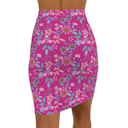 Women's Mid-Waist Pencil Skirt - Floral - Pink