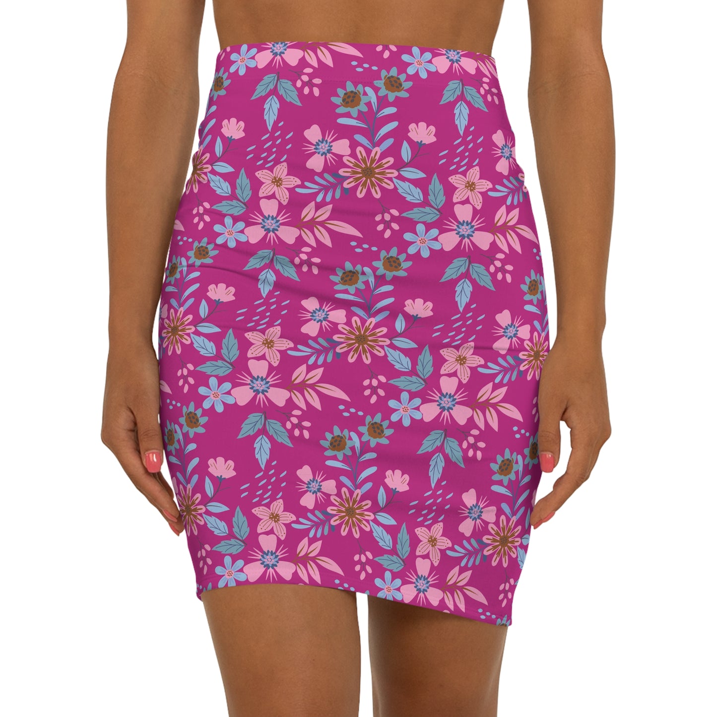 Women's Mid-Waist Pencil Skirt - Floral - Pink