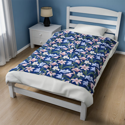 Velveteen Plush Blanket - Flower Floret - Blue