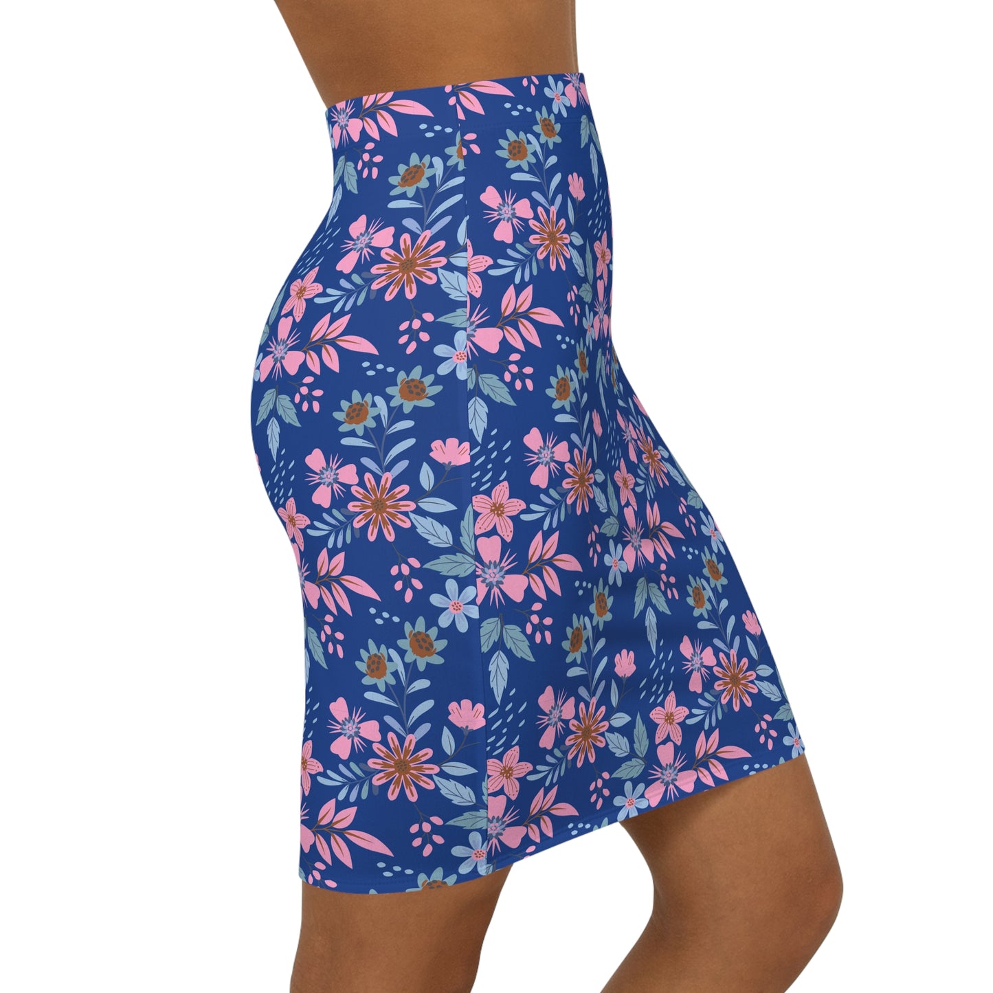 Women's Mid-Waist Pencil Skirt - Floral - Blue