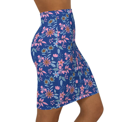 Women's Mid-Waist Pencil Skirt - Floral - Blue