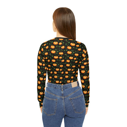 Women's Long Sleeve V-neck Shirt Fall Pumpkin with Vines