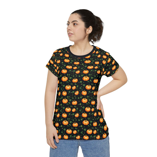 Women's Short Sleeve Shirt Fall Pumpkin with Vines