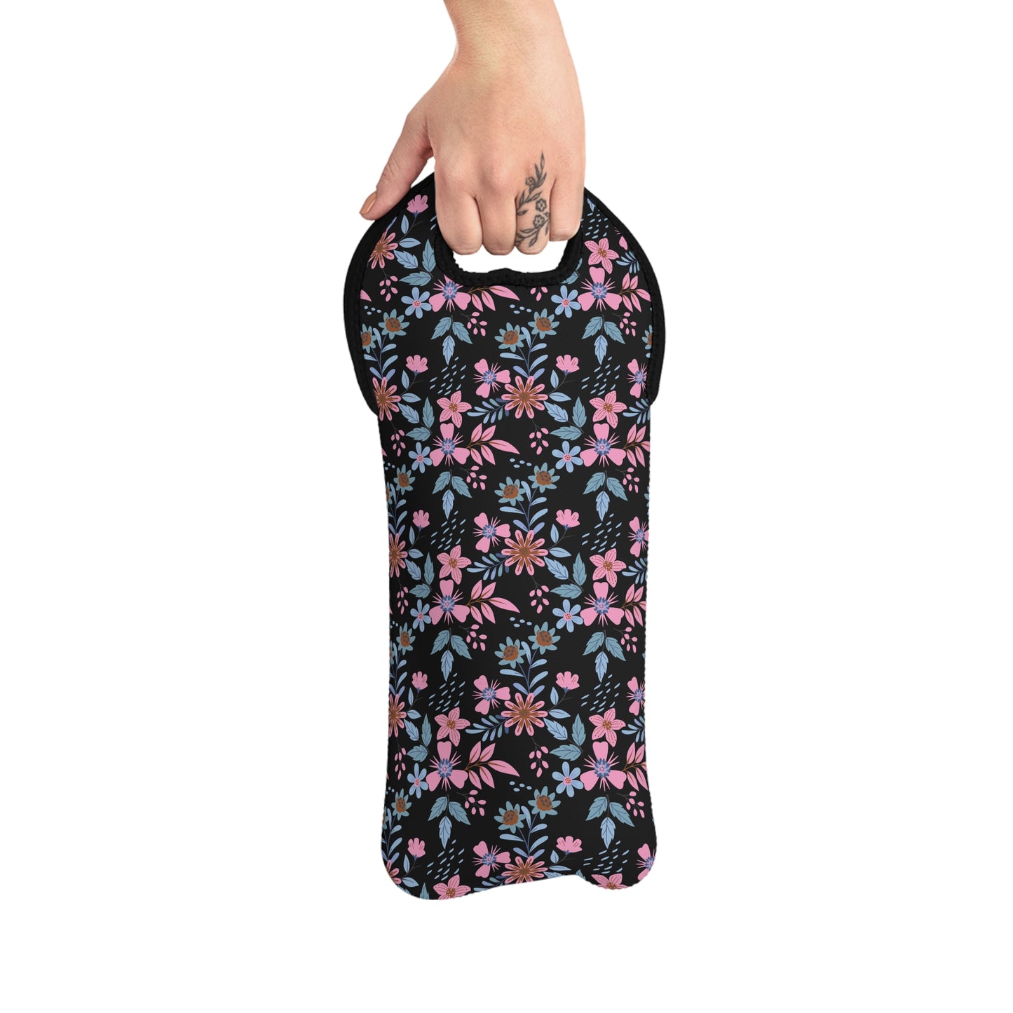 Wine Tote Bag - Floral - Black