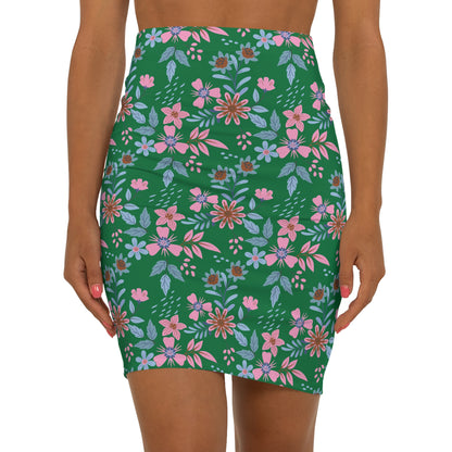 Women's Mid-Waist Pencil Skirt - Floral - Green