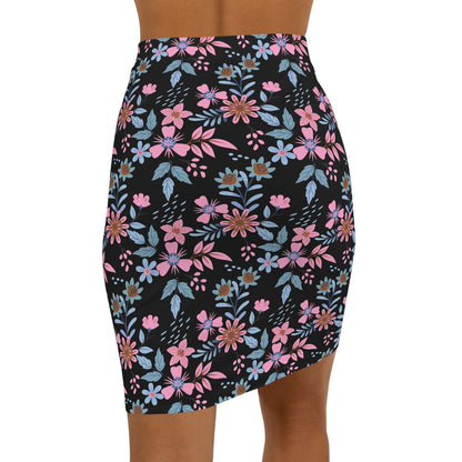 Women's Mid-Waist Pencil Skirt - Floral - Black