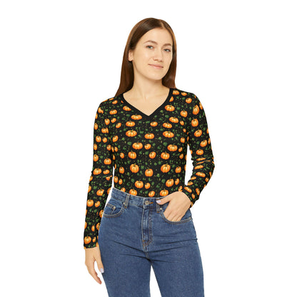 Women's Long Sleeve V-neck Shirt Fall Pumpkin with Vines