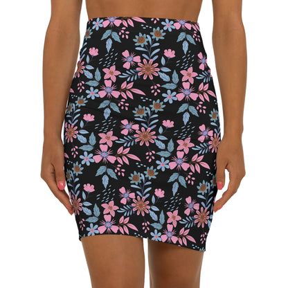 Women's Mid-Waist Pencil Skirt - Floral - Black