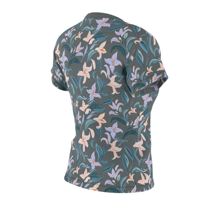 Women's Cut & Sew Tee - Flower Bloom Print - Grey