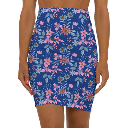 Women's Mid-Waist Pencil Skirt - Floral - Blue