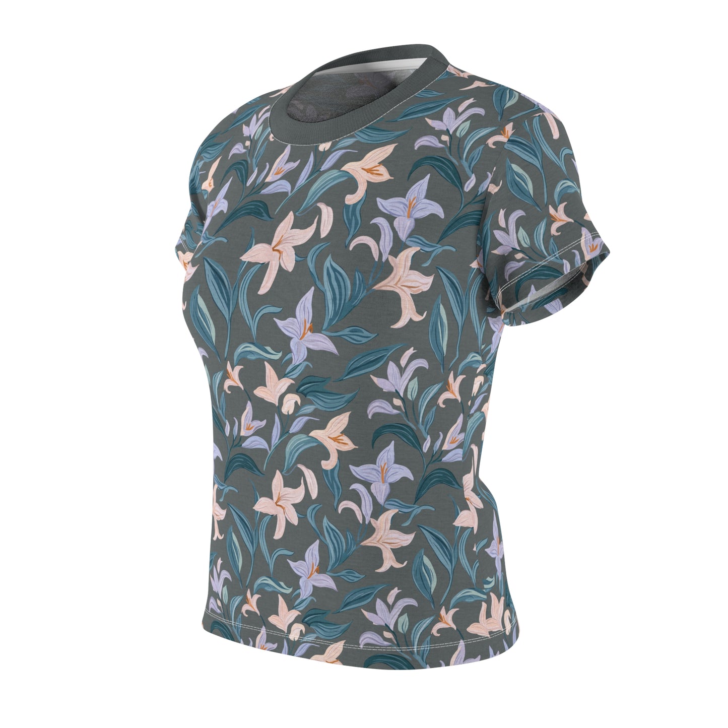 Women's Cut & Sew Tee - Flower Bloom Print - Grey