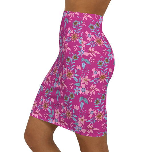 Women's Mid-Waist Pencil Skirt - Floral - Pink