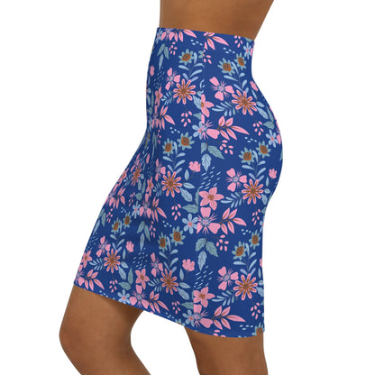 Women's Mid-Waist Pencil Skirt - Floral - Blue