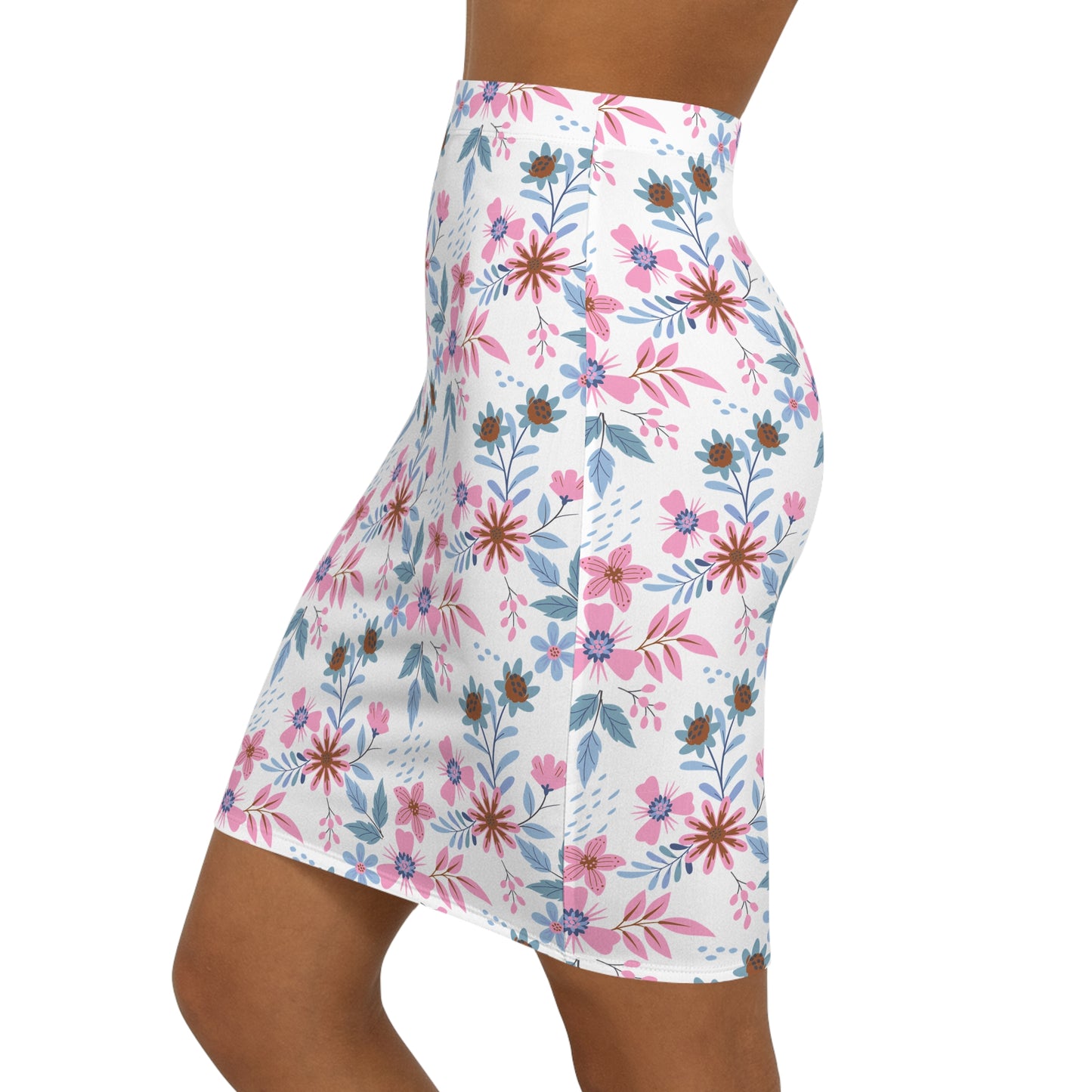 Women's Mid-Waist Pencil Skirt - Floral - White