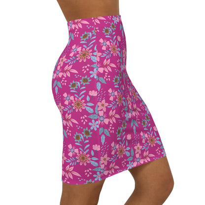 Women's Mid-Waist Pencil Skirt - Floral - Pink