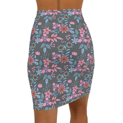 Women's Mid-Waist Pencil Skirt - Floral - Grey